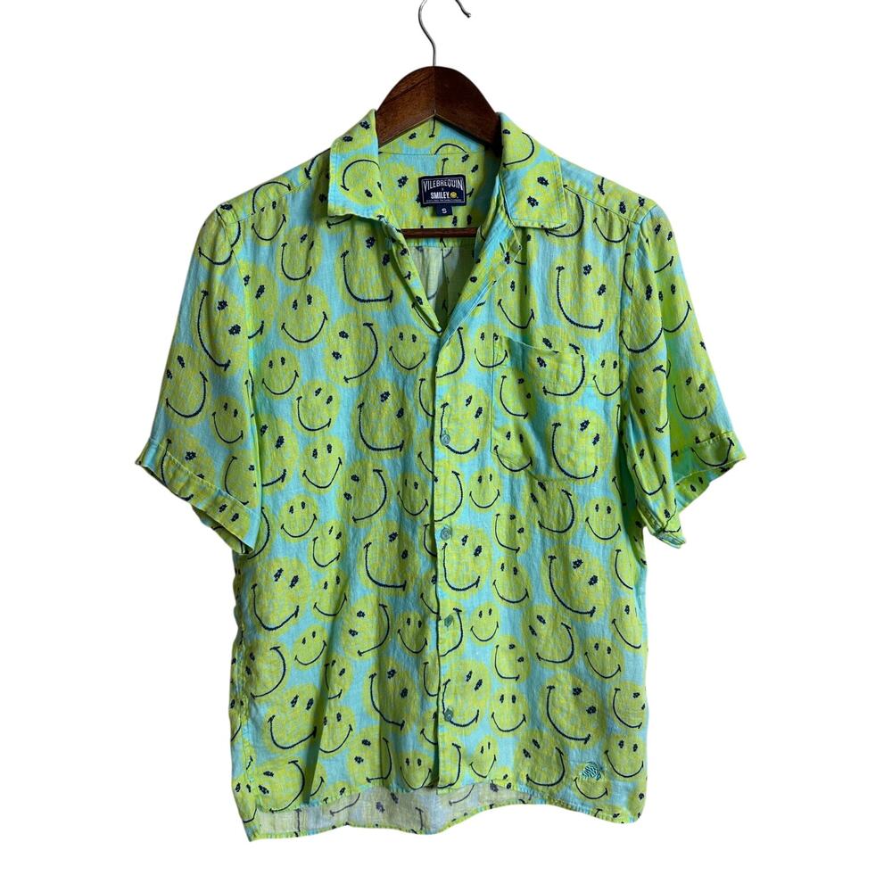 Vilebrequin x Smiley Allover-Smiley Camp Shirt 100% Linen Mens Small